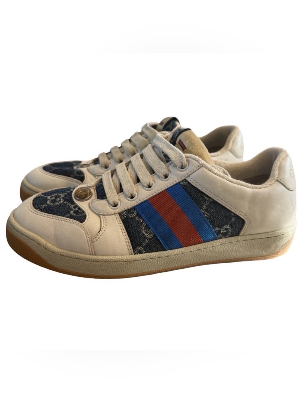 Authentic Gucci White Leather Sneakers with Blue Denim Web Stripe Size 37